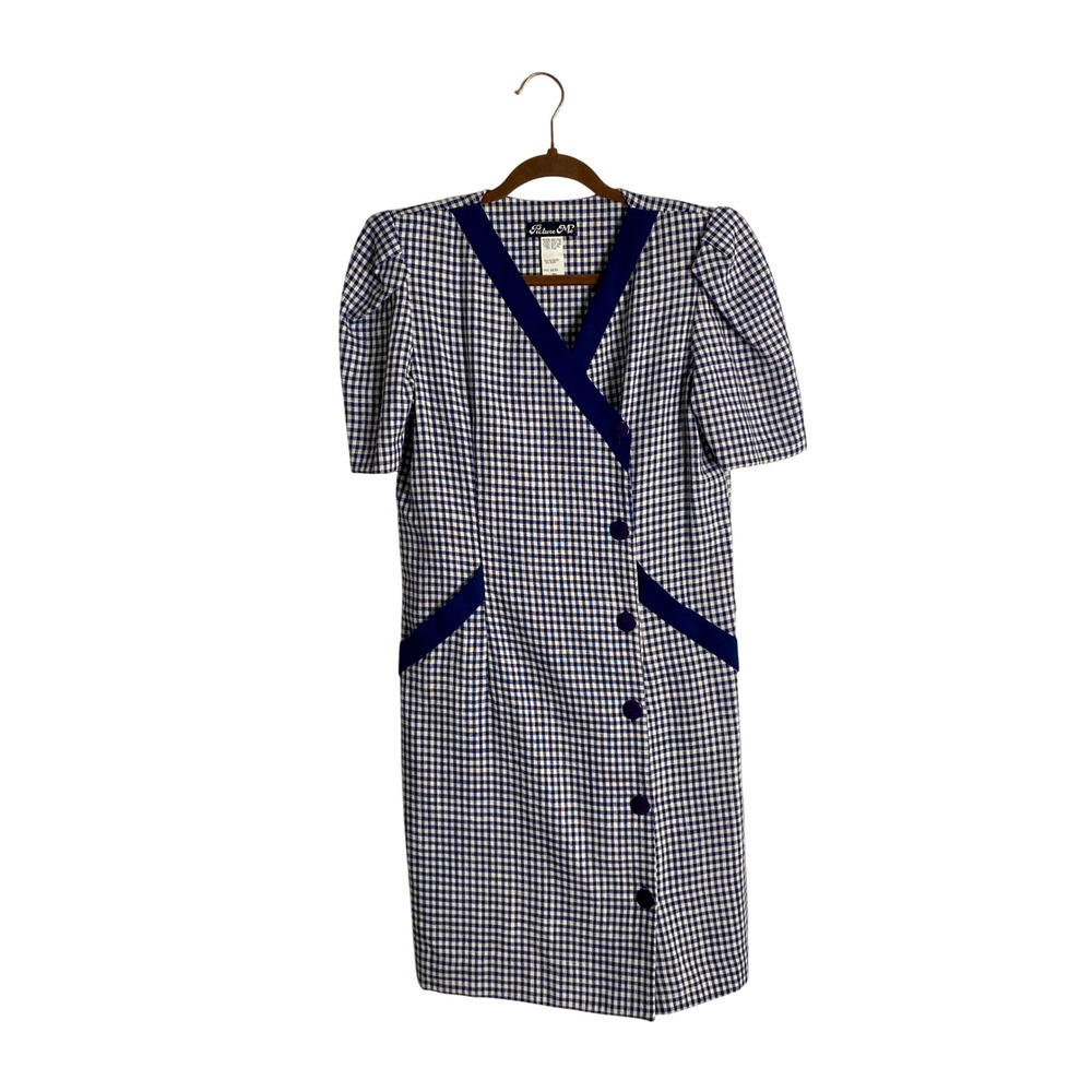 Vintage 80s Gingham Wrap Dress Puff Sleeve Preppy Cottagecore Navy White 12/7